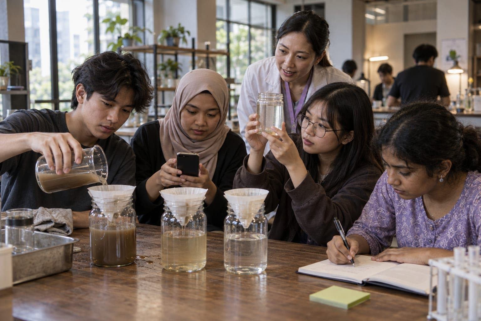 A pod tests how well paper filters clean muddy water, timing and recording the results.
