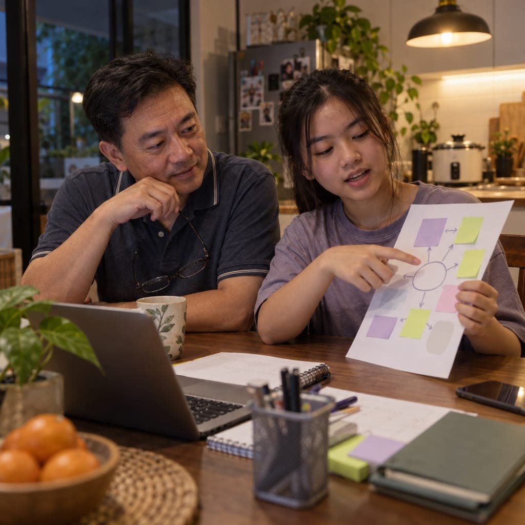 A father listens as his daughter shows him her Future Map at the kitchen table.